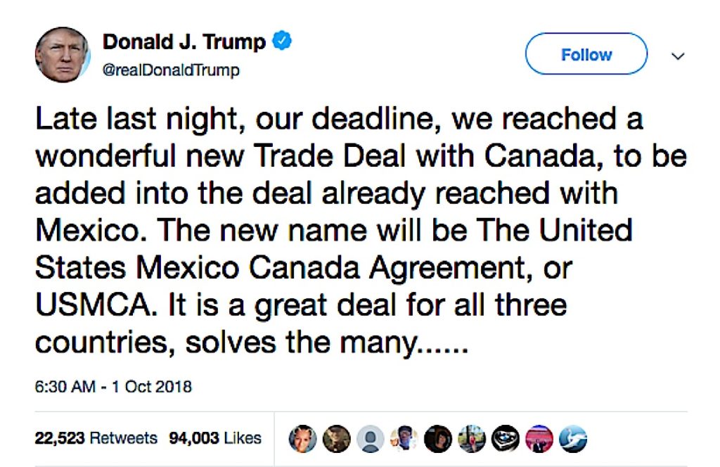 Donald Trump Tweet 1 on USMCA Pivotal HR Solutions Blog
