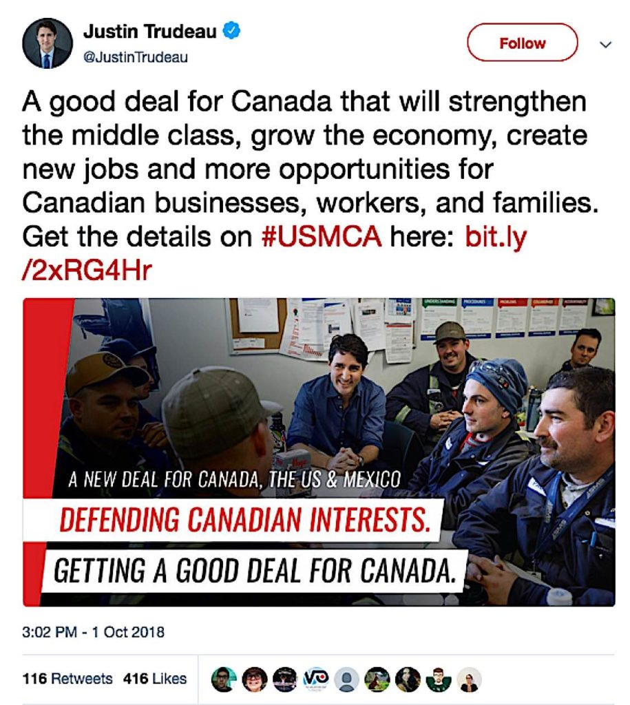 Good for jobs and economy says Prime Minister: USMCA replaces NAFTA in more than just name 3 Justin Trudeau Tweet on USMCA Pivotal HR Solutions Blog