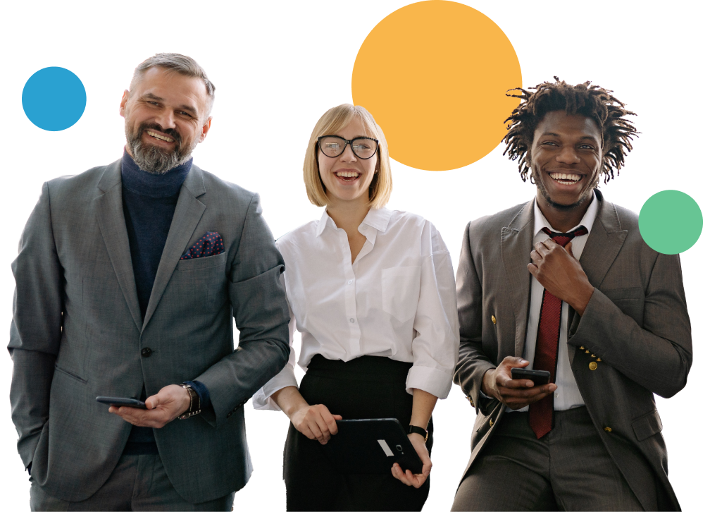 Three co-workers in business attire smiling.