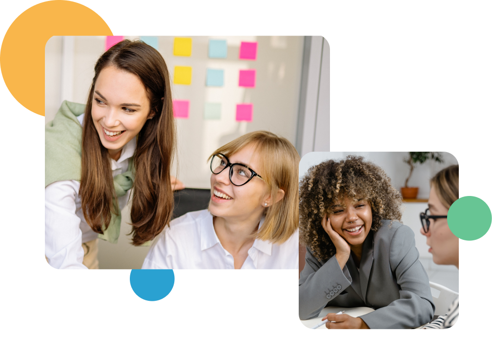 Two pictures of women in offices talking to coworkers