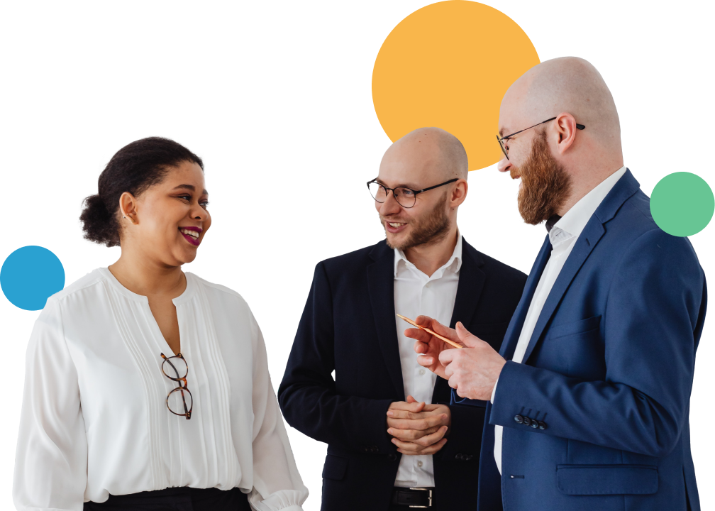 Two men with glasses and a woman talking